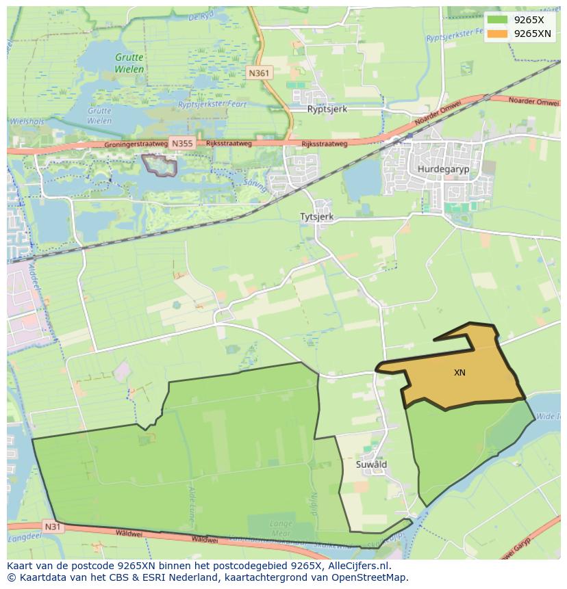 Afbeelding van het postcodegebied 9265 XN op de kaart.