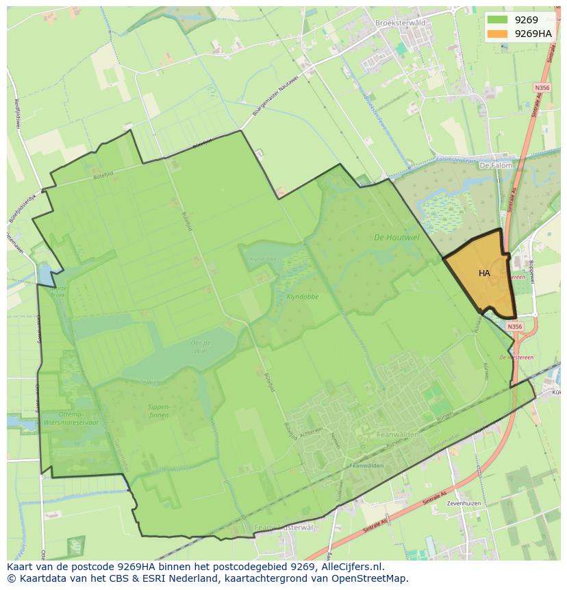 Afbeelding van het postcodegebied 9269 HA op de kaart.