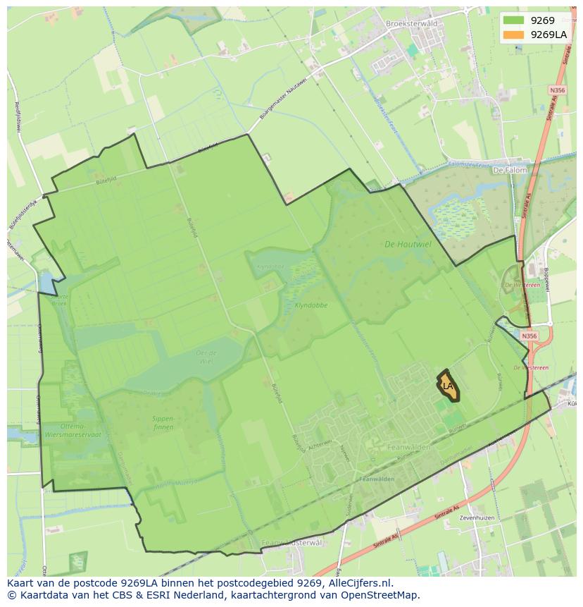Afbeelding van het postcodegebied 9269 LA op de kaart.