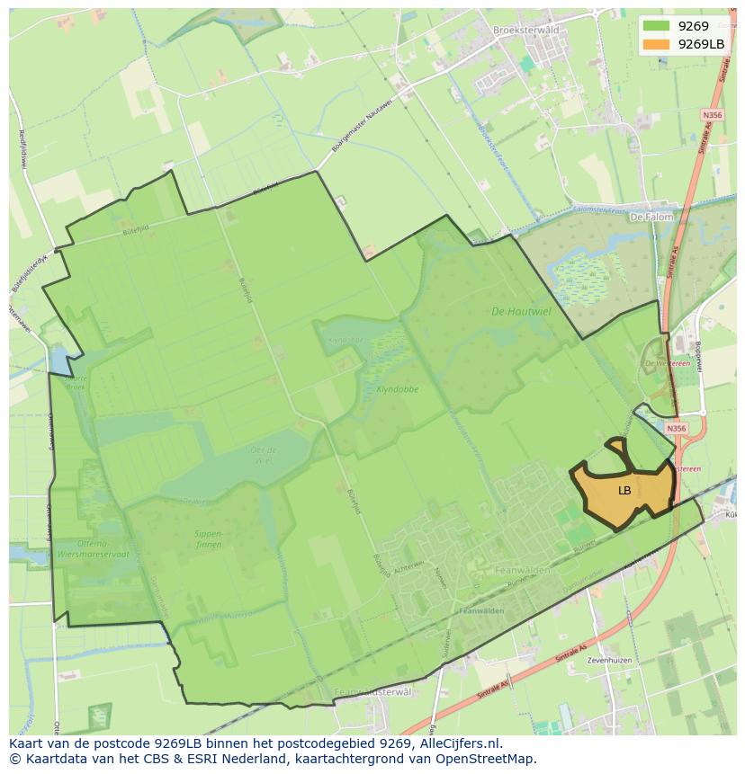Afbeelding van het postcodegebied 9269 LB op de kaart.