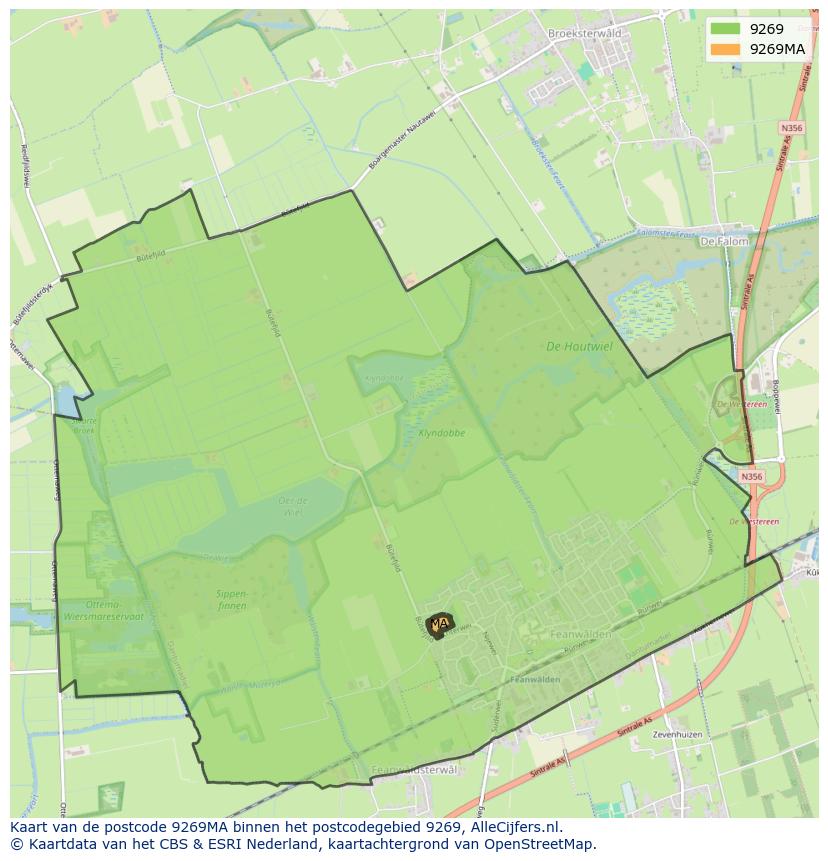 Afbeelding van het postcodegebied 9269 MA op de kaart.