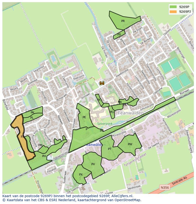 Afbeelding van het postcodegebied 9269 PJ op de kaart.