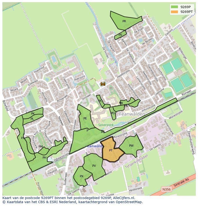 Afbeelding van het postcodegebied 9269 PT op de kaart.
