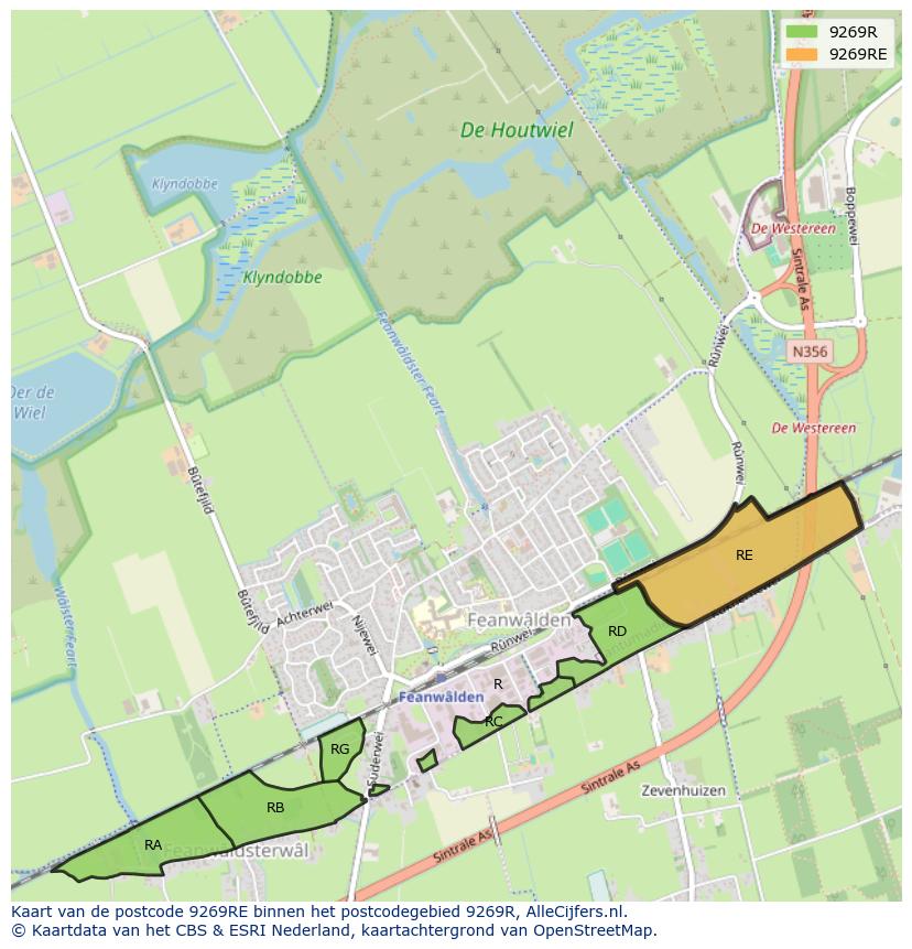 Afbeelding van het postcodegebied 9269 RE op de kaart.
