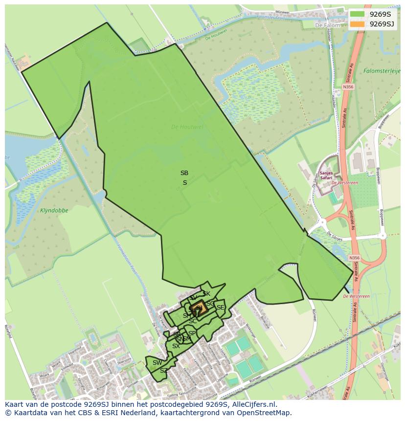Afbeelding van het postcodegebied 9269 SJ op de kaart.