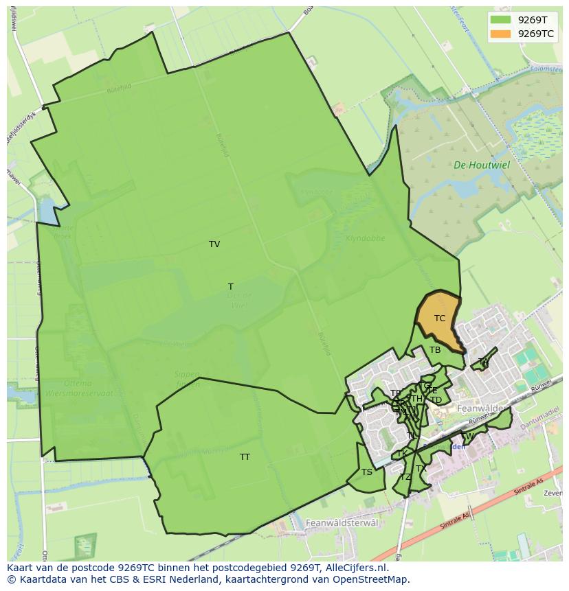 Afbeelding van het postcodegebied 9269 TC op de kaart.
