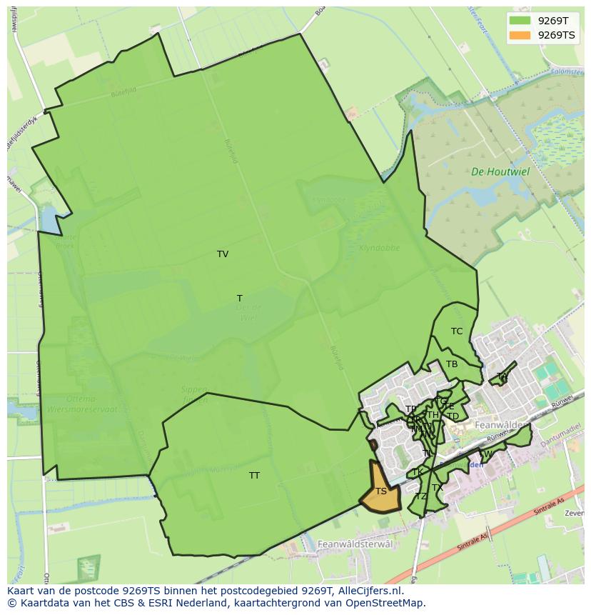 Afbeelding van het postcodegebied 9269 TS op de kaart.