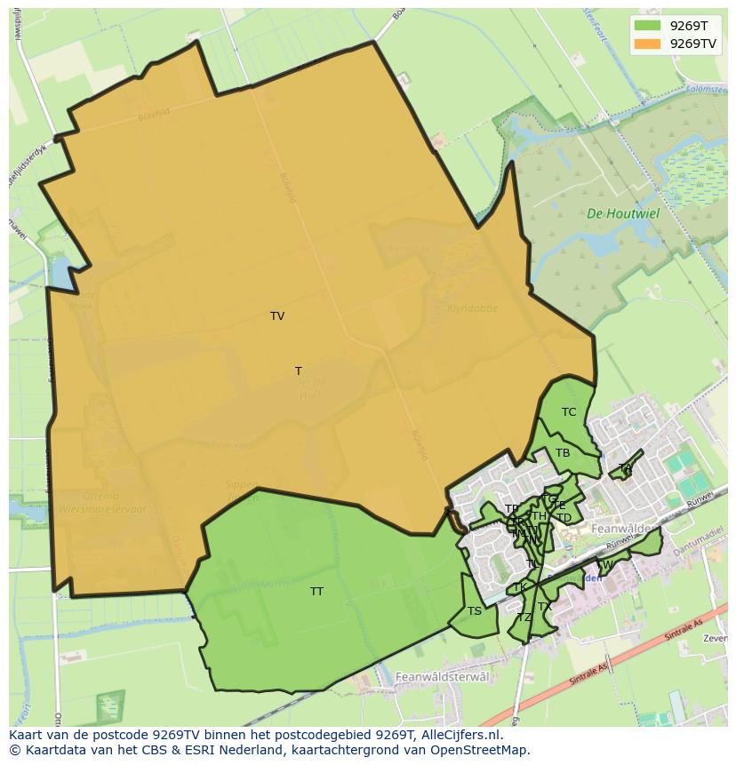 Afbeelding van het postcodegebied 9269 TV op de kaart.