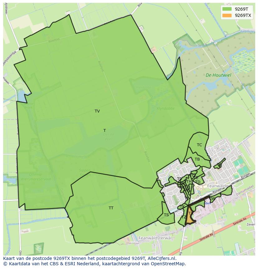 Afbeelding van het postcodegebied 9269 TX op de kaart.