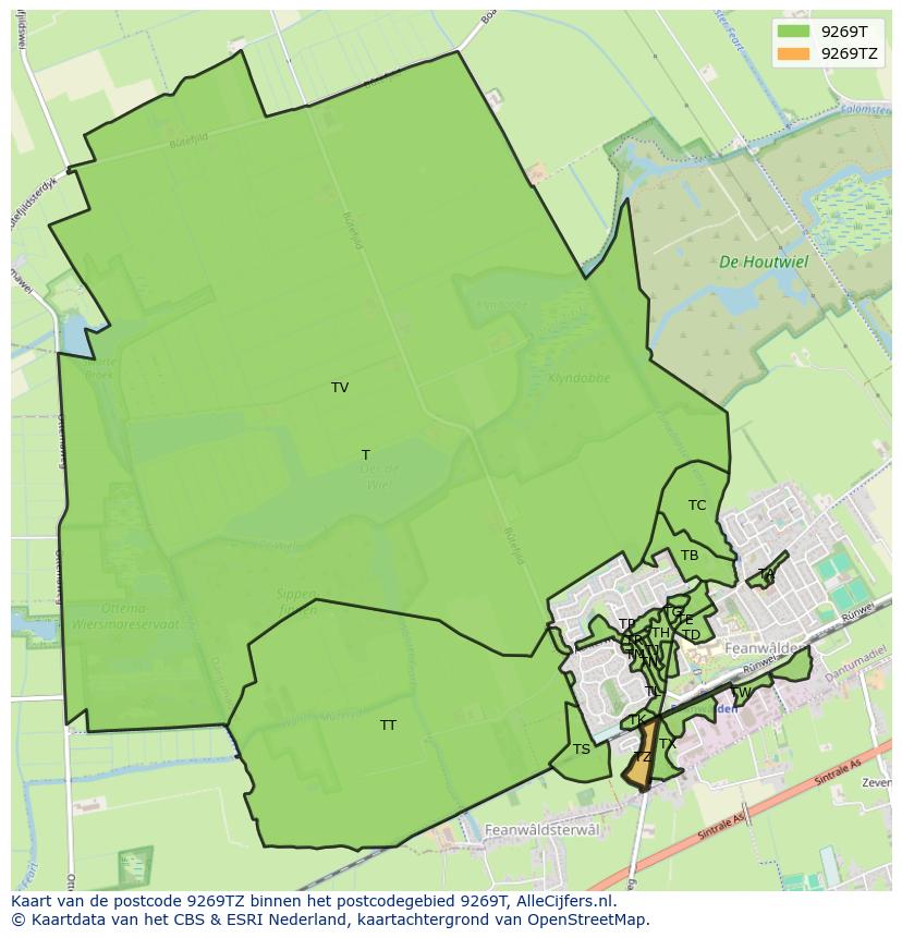 Afbeelding van het postcodegebied 9269 TZ op de kaart.