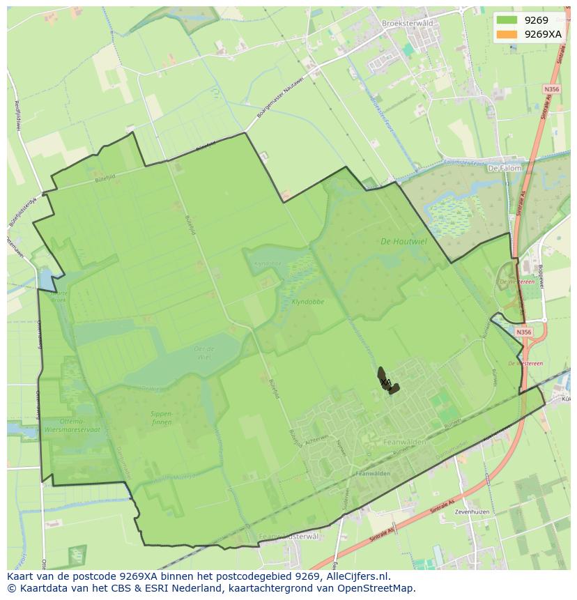 Afbeelding van het postcodegebied 9269 XA op de kaart.