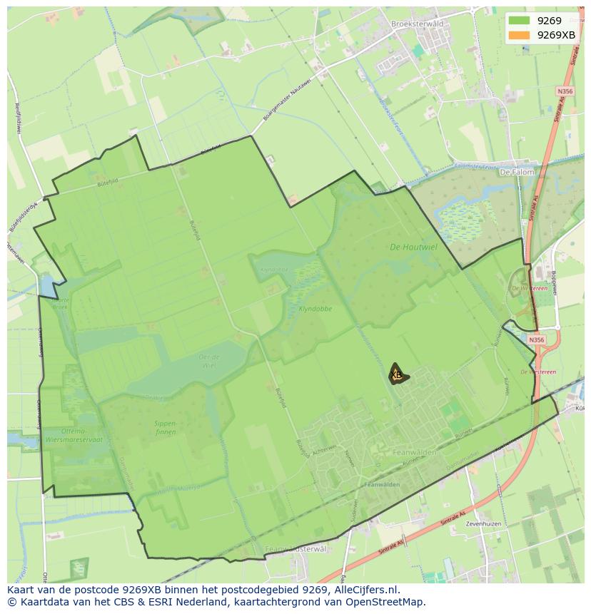 Afbeelding van het postcodegebied 9269 XB op de kaart.