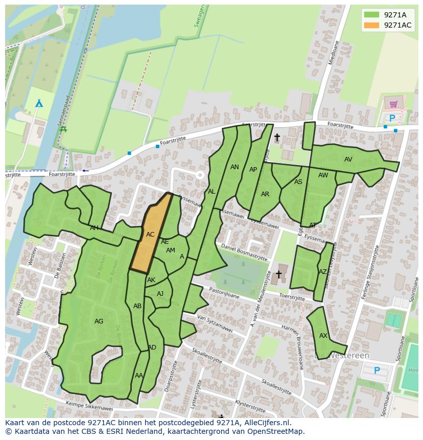 Afbeelding van het postcodegebied 9271 AC op de kaart.