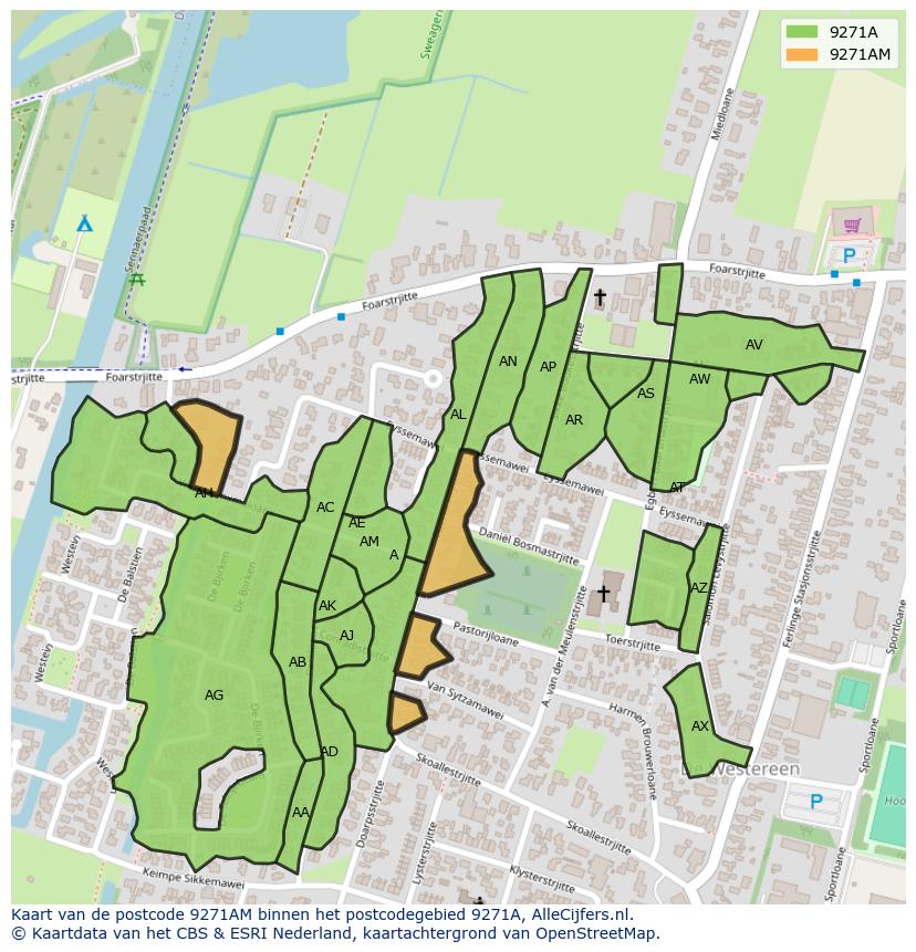 Afbeelding van het postcodegebied 9271 AM op de kaart.