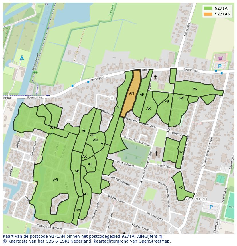 Afbeelding van het postcodegebied 9271 AN op de kaart.