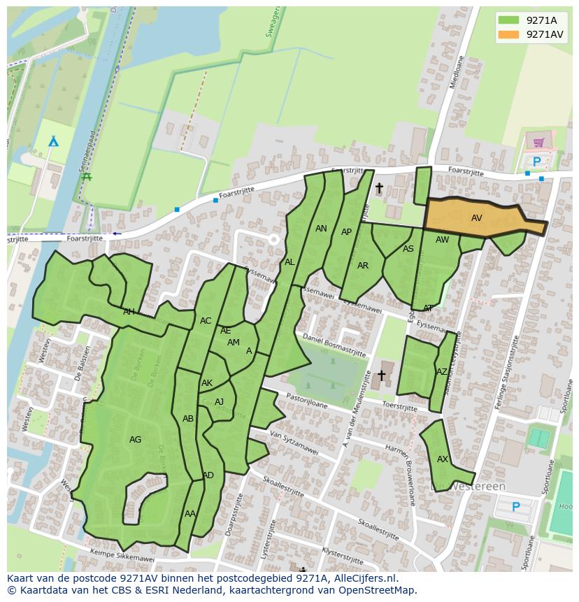 Afbeelding van het postcodegebied 9271 AV op de kaart.