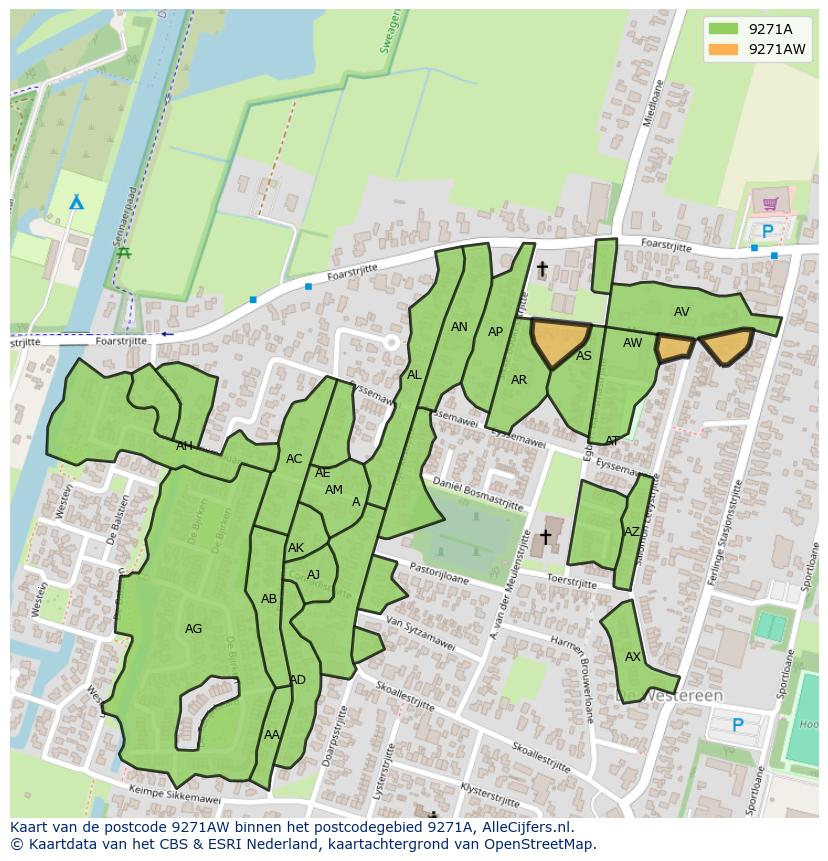 Afbeelding van het postcodegebied 9271 AW op de kaart.