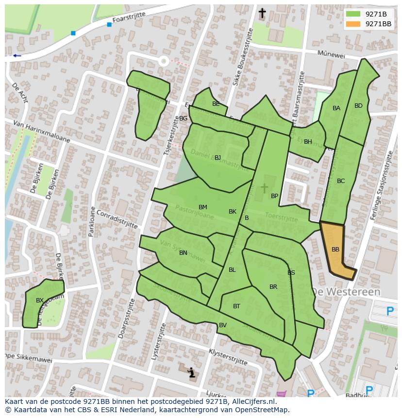 Afbeelding van het postcodegebied 9271 BB op de kaart.