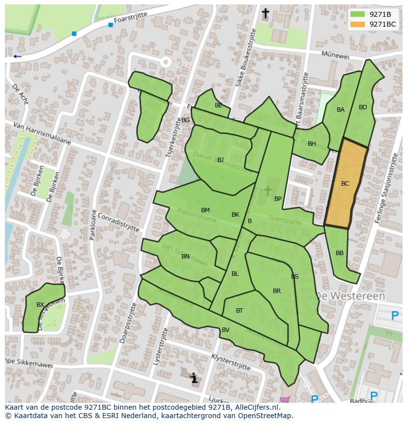 Afbeelding van het postcodegebied 9271 BC op de kaart.