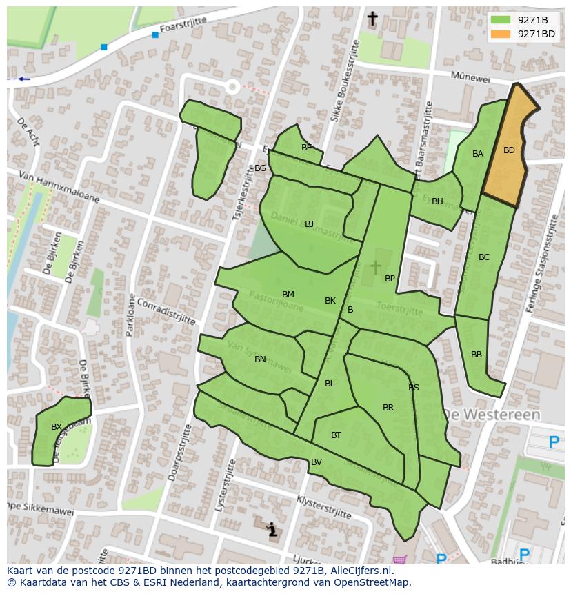 Afbeelding van het postcodegebied 9271 BD op de kaart.