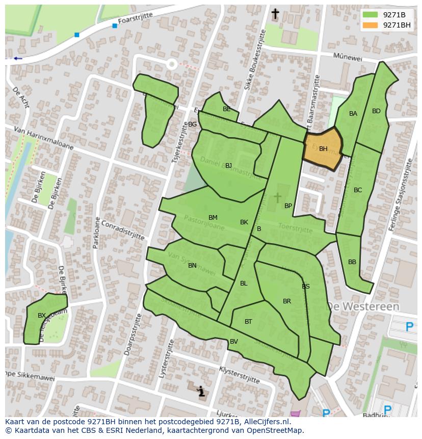 Afbeelding van het postcodegebied 9271 BH op de kaart.