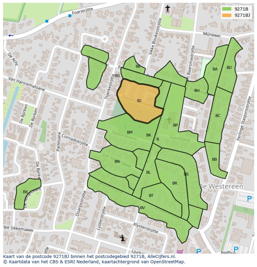Afbeelding van het postcodegebied 9271 BJ op de kaart.