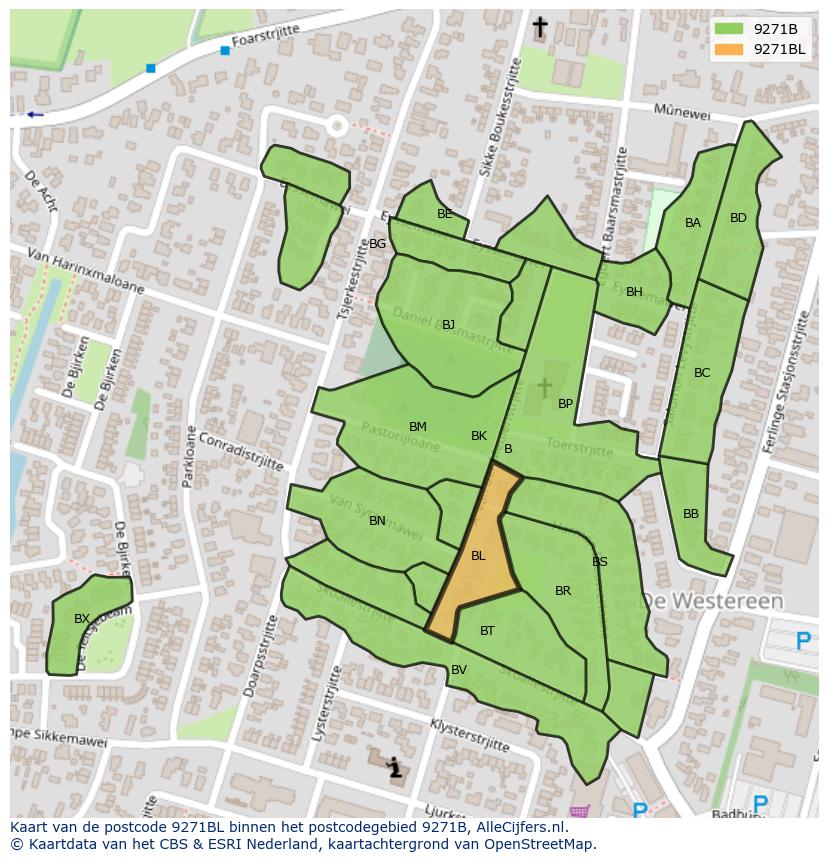 Afbeelding van het postcodegebied 9271 BL op de kaart.