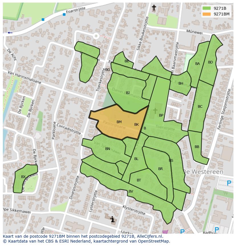 Afbeelding van het postcodegebied 9271 BM op de kaart.