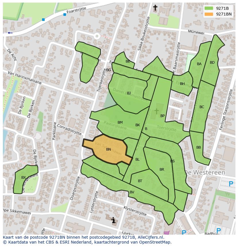 Afbeelding van het postcodegebied 9271 BN op de kaart.