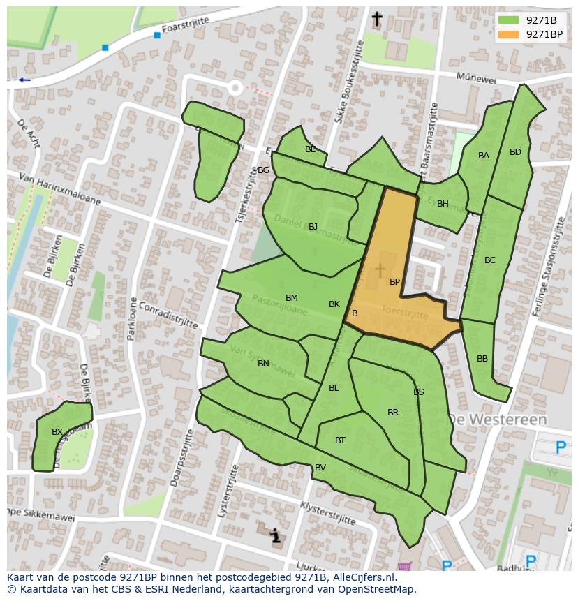Afbeelding van het postcodegebied 9271 BP op de kaart.