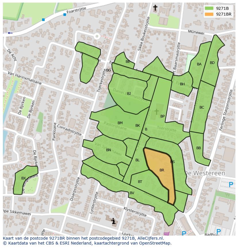 Afbeelding van het postcodegebied 9271 BR op de kaart.