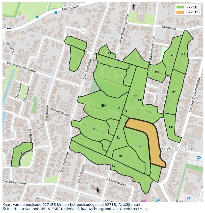 Afbeelding van het postcodegebied 9271 BS op de kaart.