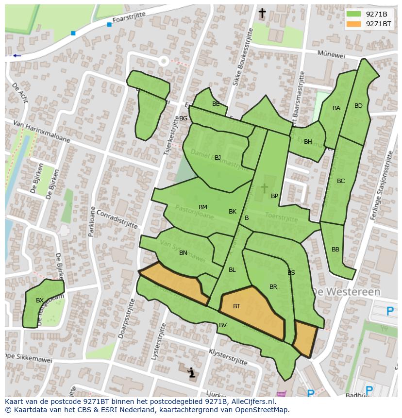 Afbeelding van het postcodegebied 9271 BT op de kaart.
