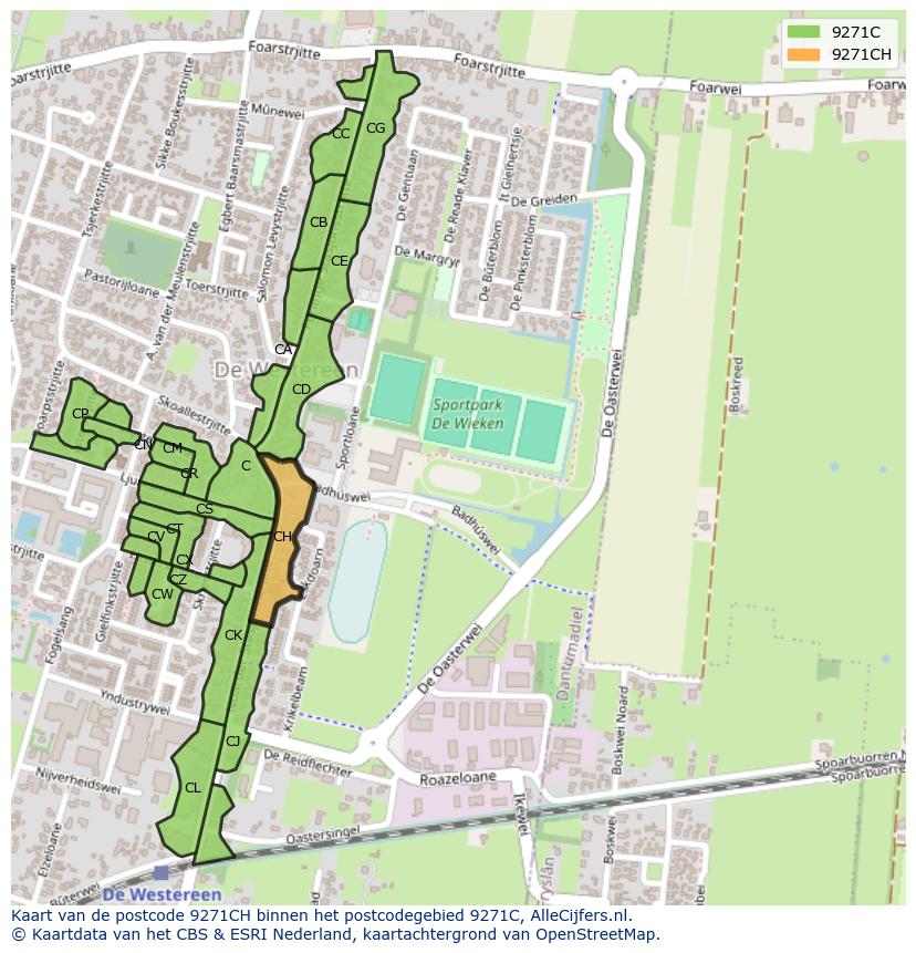 Afbeelding van het postcodegebied 9271 CH op de kaart.