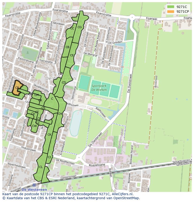 Afbeelding van het postcodegebied 9271 CP op de kaart.