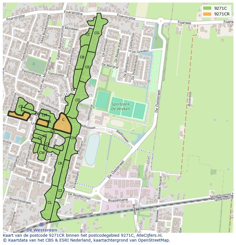 Afbeelding van het postcodegebied 9271 CR op de kaart.