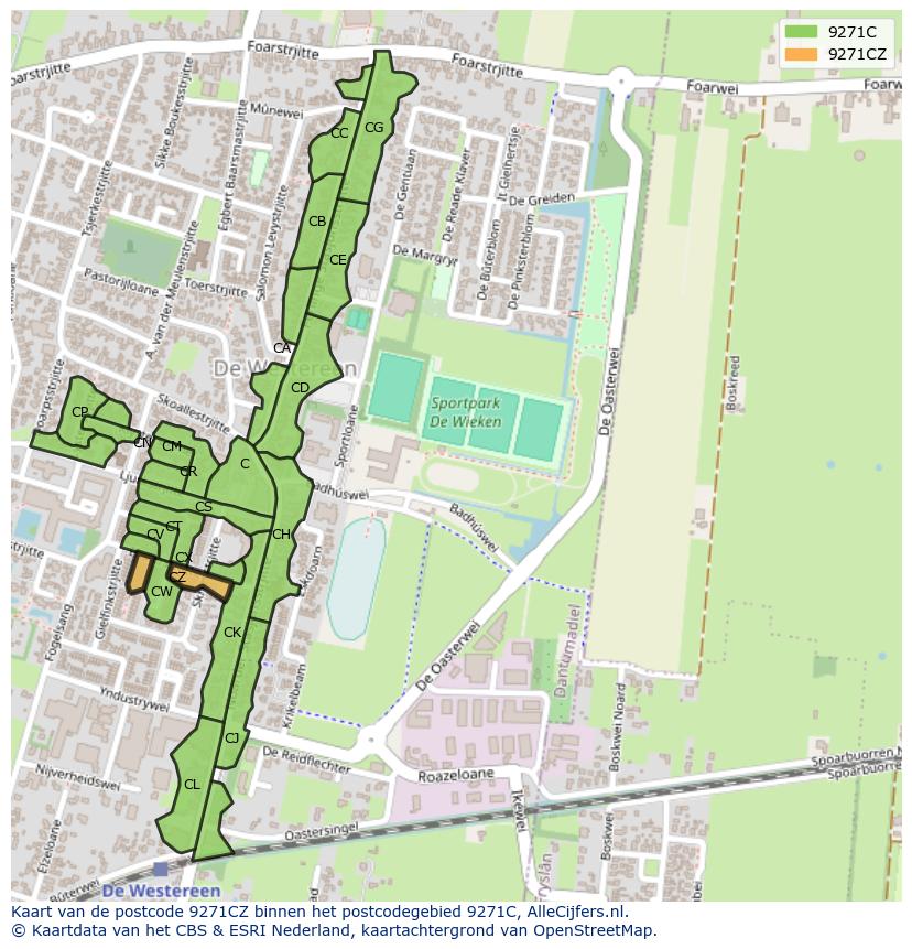 Afbeelding van het postcodegebied 9271 CZ op de kaart.