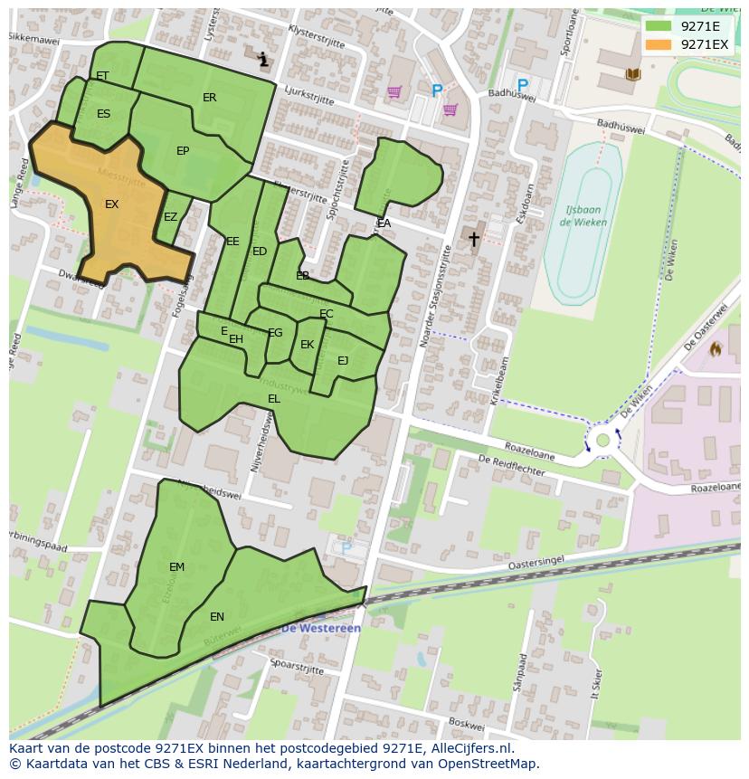 Afbeelding van het postcodegebied 9271 EX op de kaart.