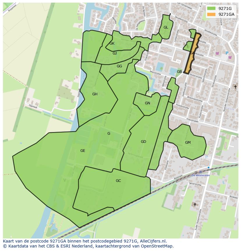 Afbeelding van het postcodegebied 9271 GA op de kaart.