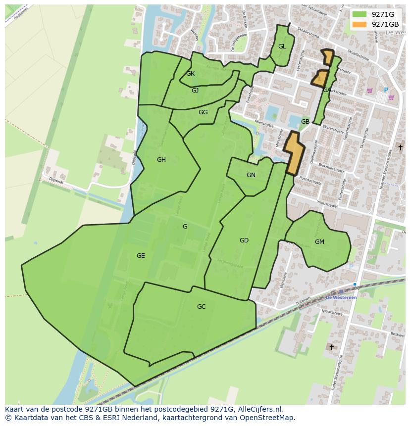 Afbeelding van het postcodegebied 9271 GB op de kaart.