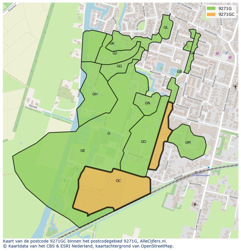 Afbeelding van het postcodegebied 9271 GC op de kaart.