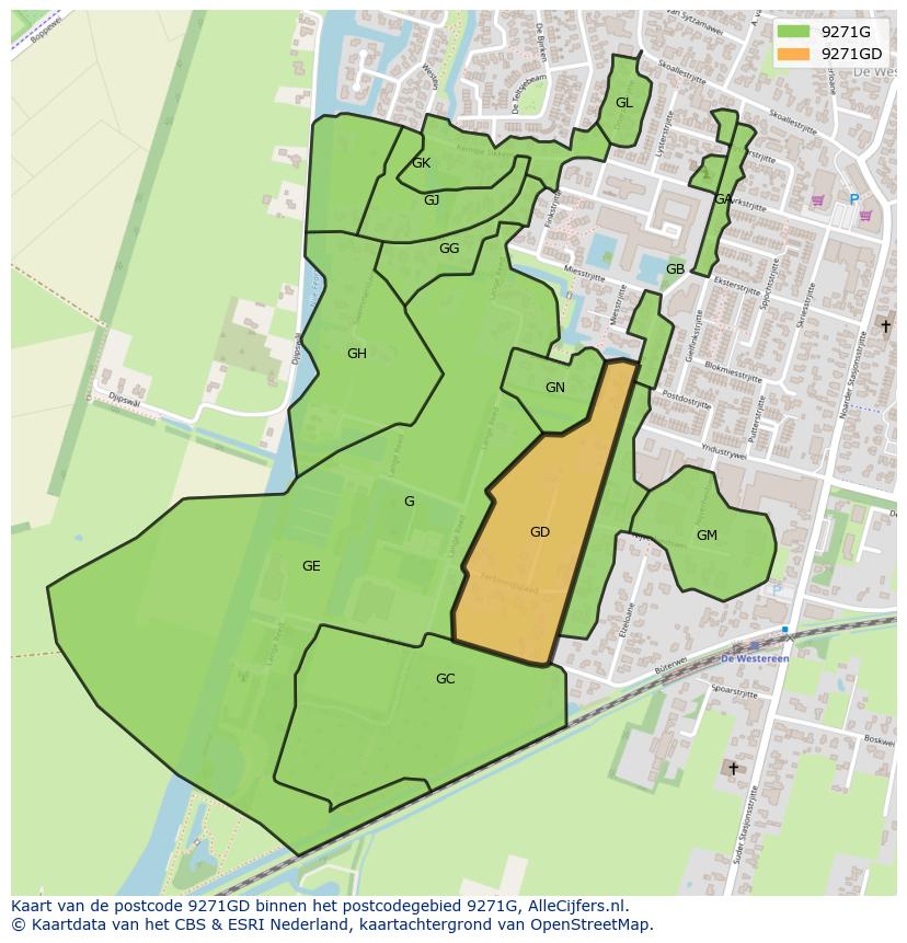 Afbeelding van het postcodegebied 9271 GD op de kaart.