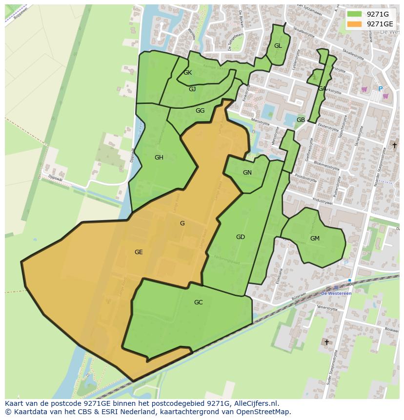 Afbeelding van het postcodegebied 9271 GE op de kaart.