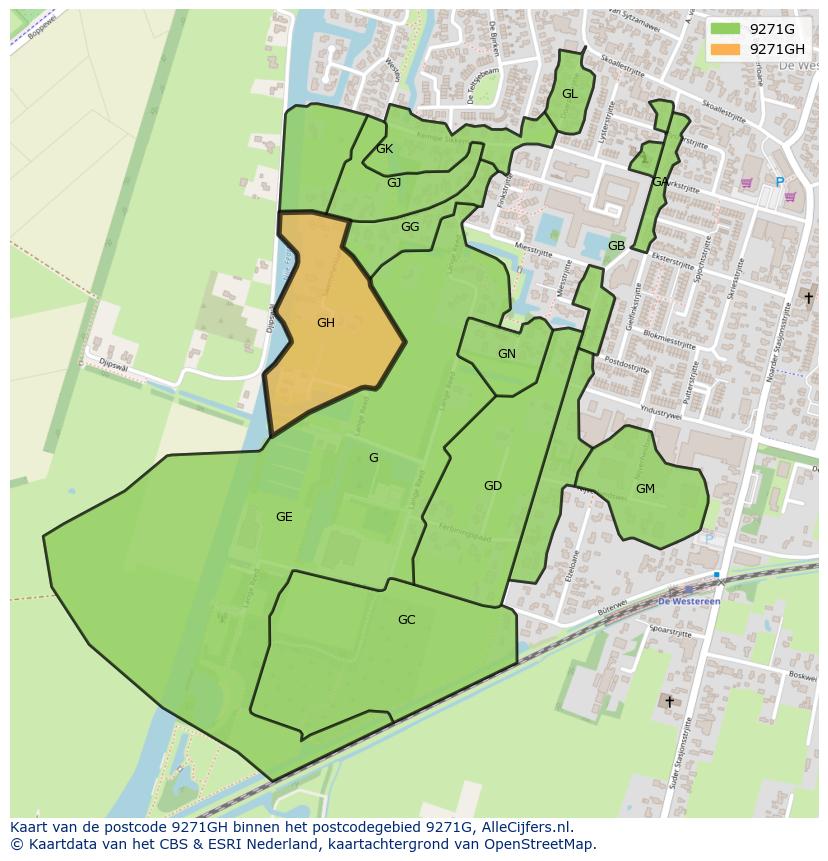 Afbeelding van het postcodegebied 9271 GH op de kaart.