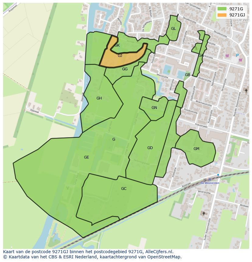 Afbeelding van het postcodegebied 9271 GJ op de kaart.