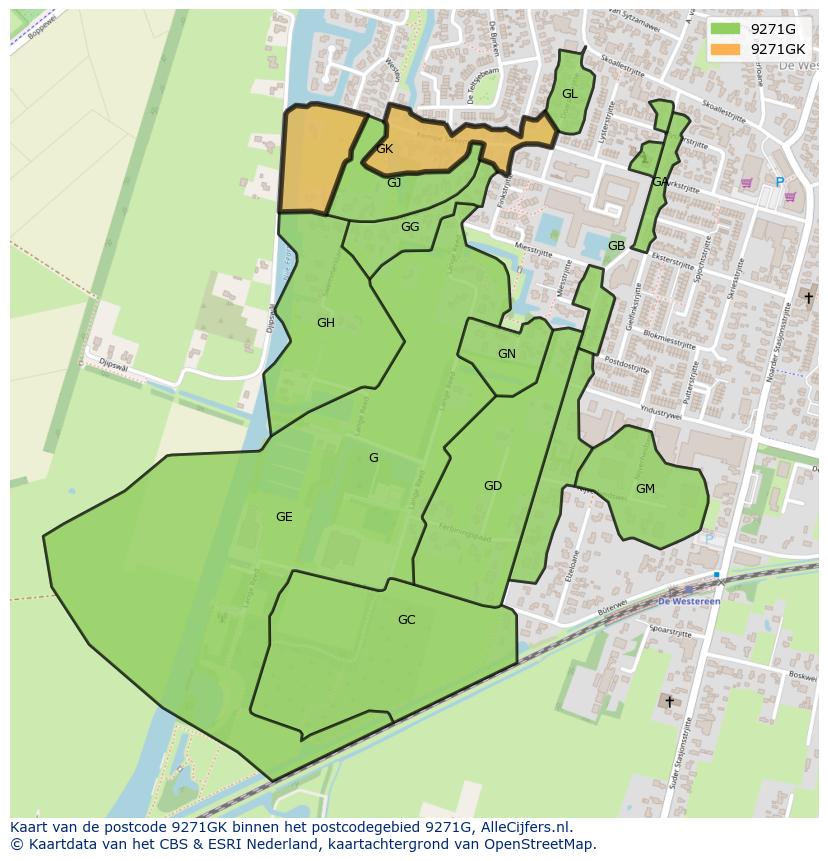 Afbeelding van het postcodegebied 9271 GK op de kaart.