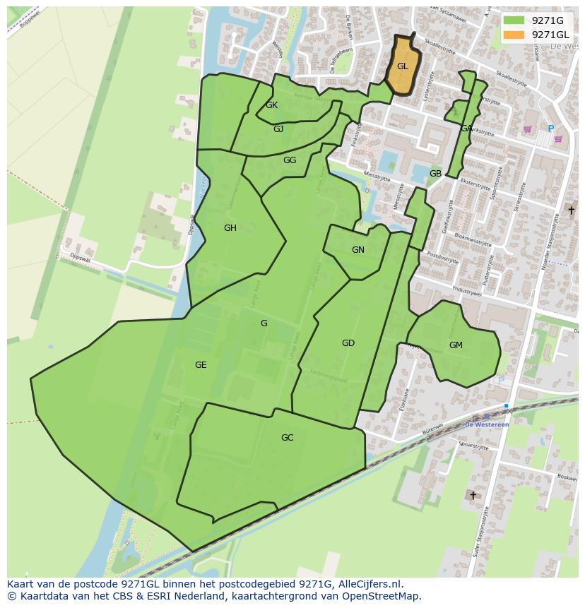 Afbeelding van het postcodegebied 9271 GL op de kaart.