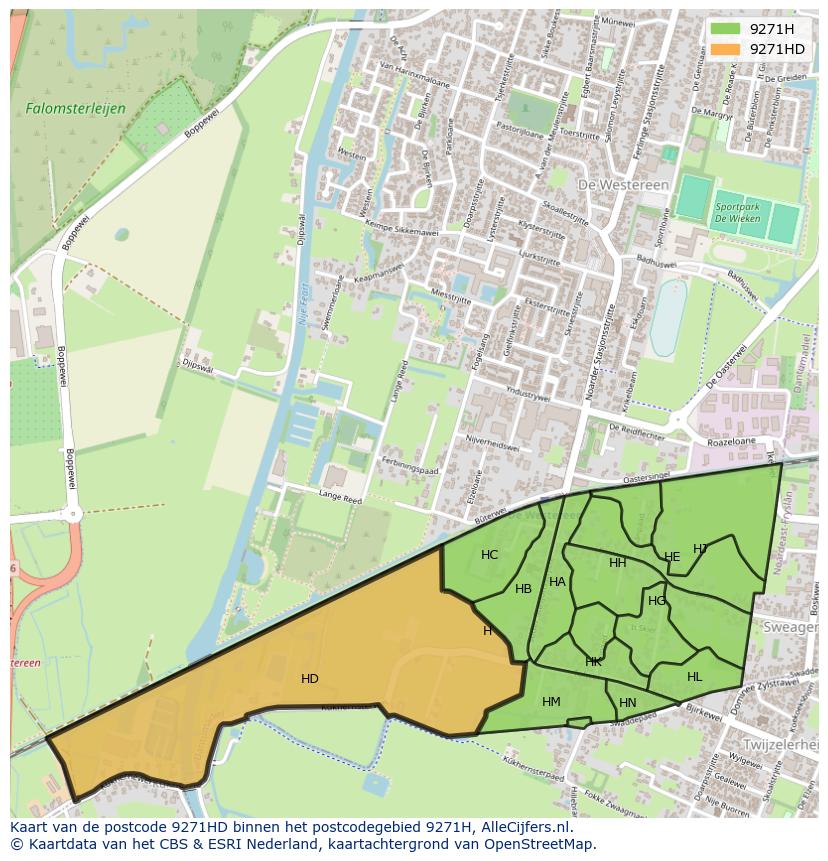 Afbeelding van het postcodegebied 9271 HD op de kaart.
