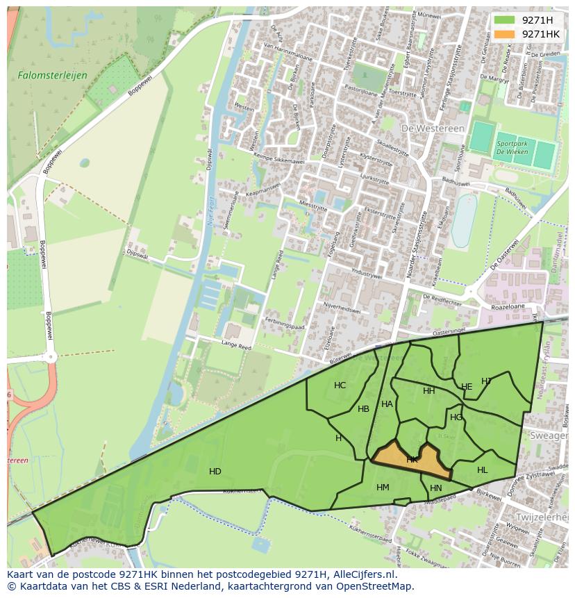 Afbeelding van het postcodegebied 9271 HK op de kaart.