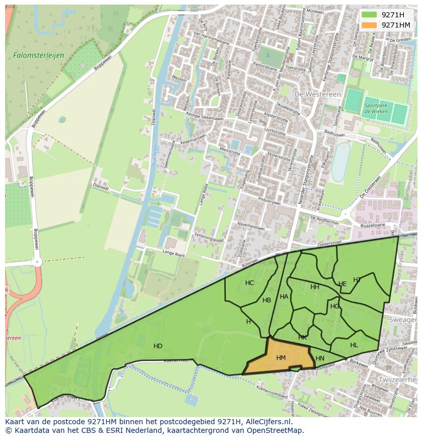 Afbeelding van het postcodegebied 9271 HM op de kaart.